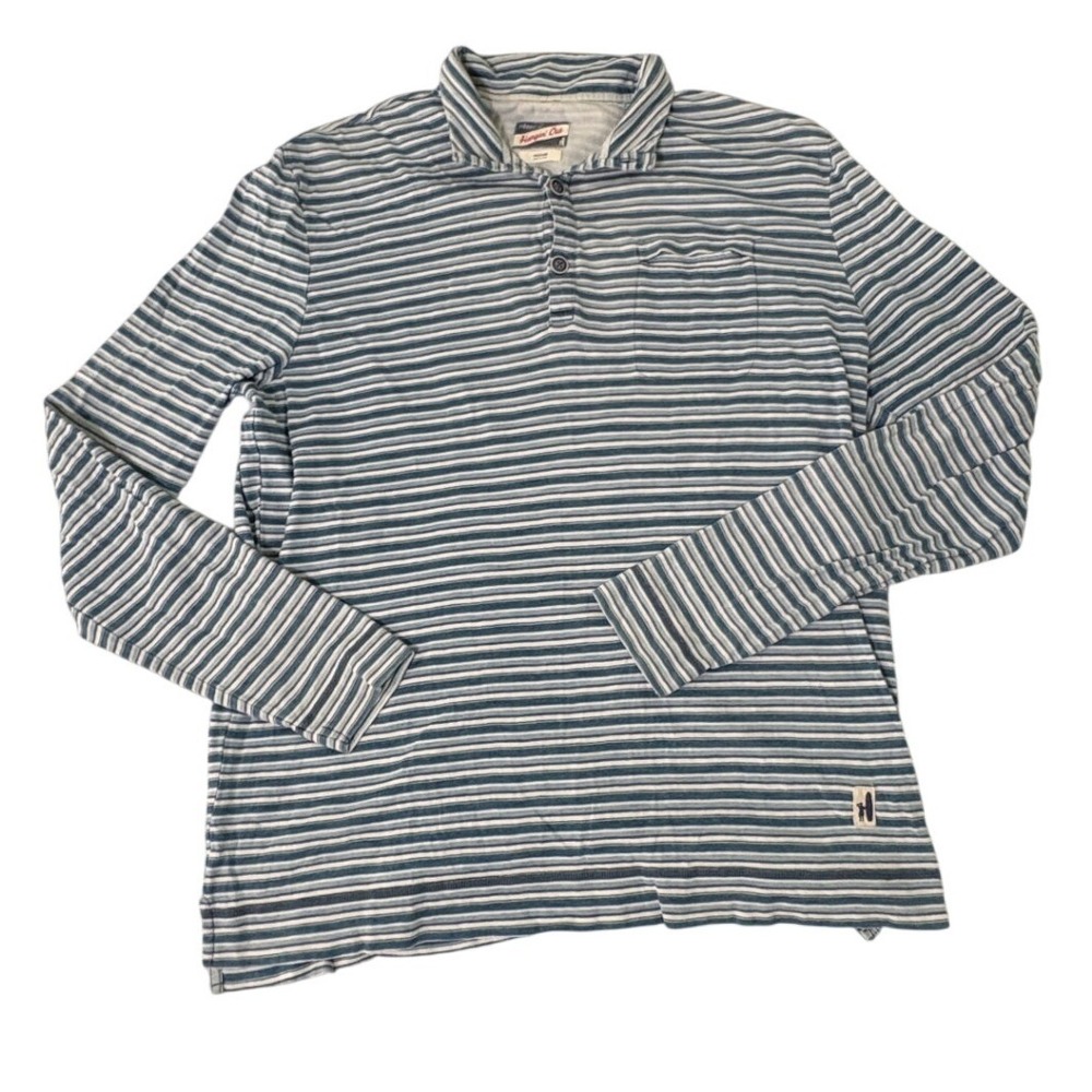 Johnnie-O Hangin Out Mens Medium Blue Striped Long Sleeve Henley Shirt Pocket